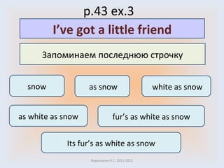 p.43 ex.3 Воронцова Н.С. 2011-2012 Запоминаем последнюю строчку I’ve got a little friend snow as snow white as snow as white as snow fur’s as white as snow Its fur’s as white as snow 