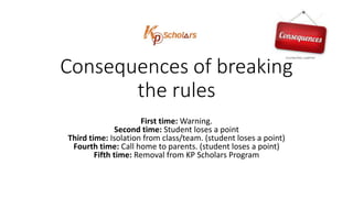 Consequences of breaking
the rules
First time: Warning.
Second time: Student loses a point
Third time: Isolation from class/team. (student loses a point)
Fourth time: Call home to parents. (student loses a point)
Fifth time: Removal from KP Scholars Program
 