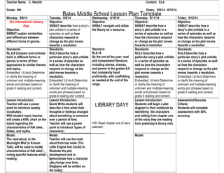 Teacher Name: C. Nesbitt Content: ELA 
Grade: 6th Bates Middle School Lesson Plan Template 
Dates: 9/8/14 - 9/12/14 
Monday: 9/8/14 Tuesday: 9/9/14 Wednesday: 9/10/14 Thursday: 9/11/14 Friday: 9/12/14 
(It’s International Literacy 
Day) 
Objective: 
SWBAT explain similarities 
and differences between 
different forms of genres. 
Objective: 
SWBAT describe how a story’s 
plot unfolds in a series of 
episodes as well as how 
characters respond or 
change as the plot moves 
towards a resolution 
Objective: 
SWBAT navigate and utilize 
the library as a resource. 
Standard: 
RL6.10 
By the end of the year; read 
and comprehend literature, 
including stories, dramas, 
and poems in the grades 6-8 
text complexity band 
proficiently, with scaffolding 
as needed at the end of the 
range. 
LIBRARY DAY!! 
HW: Read chapter one of story 
selected. 
Objective: 
SWBAT describe how a 
story’s plot unfolds in a 
series of episodes as well as 
how the characters respond 
or change as the plot moves 
towards a resolution 
Objective: 
SWBAT describe how a 
story’s plot unfolds in a 
series of episodes as well as 
how the characters respond 
or change as the plot moves 
towards a resolution 
Standards: 
RL.6.9 Compare and contrast 
tests in different forms or 
genres in terms of their 
approaches to similar themes 
and topics. 
Embedded: L6.4a-b Determine 
or clarify the meaning of 
unknown and multiple-meaning 
words and phrases based on 
grade 6 reading and content. 
Standards: 
RL6.3 Describe how a 
particular story’s plot unfolds 
in a series of episodes as 
well as how the characters 
respond or change as the 
plot moves towards a 
resolution. 
Embedded: L6.4a-b Determine 
or clarify the meaning of 
unknown and multiple-meaning 
words and phrases based on 
grade 6 reading and content. 
Standards: 
RL6.3 Describe how a 
particular story’s plot unfolds 
in a series of episodes as 
well as how the characters 
respond or change as the 
plot moves towards a 
resolution. 
Embedded: L6.4a-b Determine 
or clarify the meaning of 
unknown and multiple-meaning 
words and phrases based on 
grade 6 reading and content. 
Standards: 
RL6.3 Describe how a 
particular story’s plot unfolds 
in a series of episodes as well 
as how the characters 
respond or change as the plot 
moves towards a resolution. 
Embedded: L6.4a-b Determine 
or clarify the meaning of 
unknown and multiple-meaning 
words and phrases based on 
grade 6 reading and content. 
Lesson Introduction: 
Teacher will use a power 
point to introduce weekly 
vocabulary. 
With student input, teacher 
will create a KWL chart on the 
board regarding the 
characteristics of folk tales, 
fables, and myths. 
Lesson Introduction: 
Quick Write-students will 
describe a time when their 
thoughts or feelings changed 
about something or someone 
over a period of time. 
Teacher will use a power 
point to introduce ‘types of 
characters’. 
Lesson Introduction: 
Students will begin a plot 
diagram in their notebook by 
identifying the characters 
and setting from chapter one 
of the story they are reading 
from yesterday’s library visit. 
Assessment/Success 
Criteria: 
Students will complete 
assessment with 80% 
accuracy. 
Model: 
The read-aloud, In the 
Moonlight Mist (A Korean 
Tale), will be used to model 
characteristics of folk tales 
noting specific features while 
reading. 
Model: 
Teacher will use the read-aloud 
from last week (The 
Little Engine that Could) to 
illustrate the plot 
development and to 
demonstrate how a character 
can change over time. 
Diagrams will be written on 
the board. 
Model: 
Facilitation: Facilitation: Facilitation: 
 