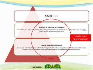 SIS REDD+ Sistemas de Informação Existentes SINIMA(MMA), SNIF (SFB / MMA), PRODES (INPE / MCTI), DETER (INPE / MCTI), PMDBBS (IBAMA / MMA), SiBBr (MCTI), SISUC, SICAR (Sistema Nacional de Cadastro Ambiental Rural) 
Marco Legal e Institucional 
Constituição Federal de 1988, Lei de Proteção da Vegetação Nativa (Novo Código Florestal), Política Nacional de Gestão Ambiental em Terras Indígenas, Lei de Acesso a Informação, Politica Nacional da Biodiversidade, etc. 
SUMÁRIO DE SALVAGUARDAS  