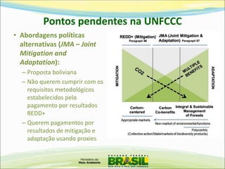 Pontos pendentes na UNFCCC 
•Abordagens políticas alternativas (JMA – Joint Mitigation and Adaptation): 
–Proposta boliviana 
–Não querem cumprir com os requisitos metodológicos estabelecidos pelo pagamento por resultados REDD+ 
–Querem pagamentos por resultados de mitigação e adaptação usando proxies  