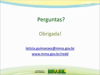 Perguntas? 
Obrigada! 
leticia.guimaraes@mma.gov.br 
www.mma.gov.br/redd 
