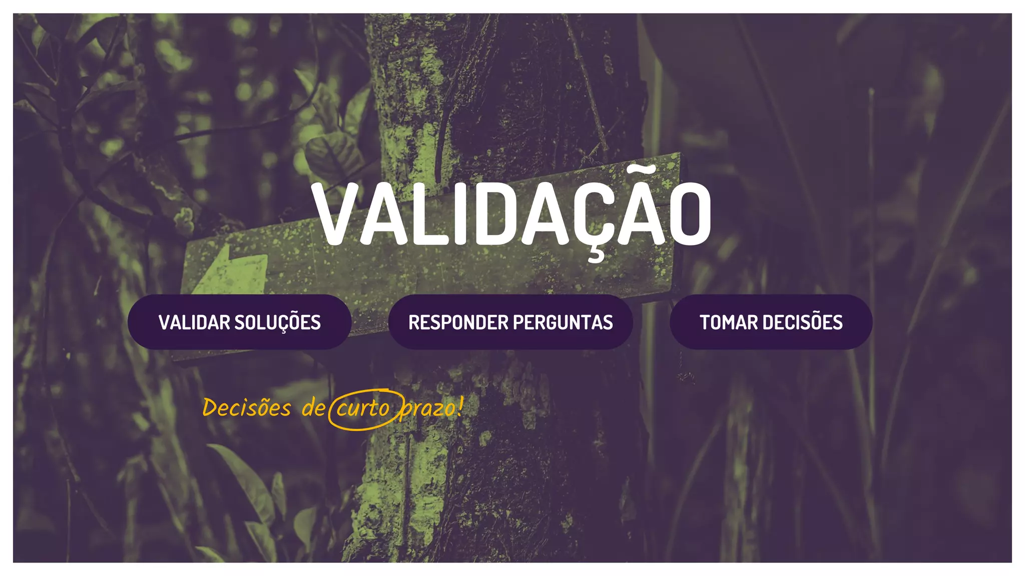 VALIDAÇÃO
VALIDAÇÃO
VALIDAR SOLUÇÕES TOMAR DECISÕESRESPONDER PERGUNTAS
Decisões de curto prazo!
 