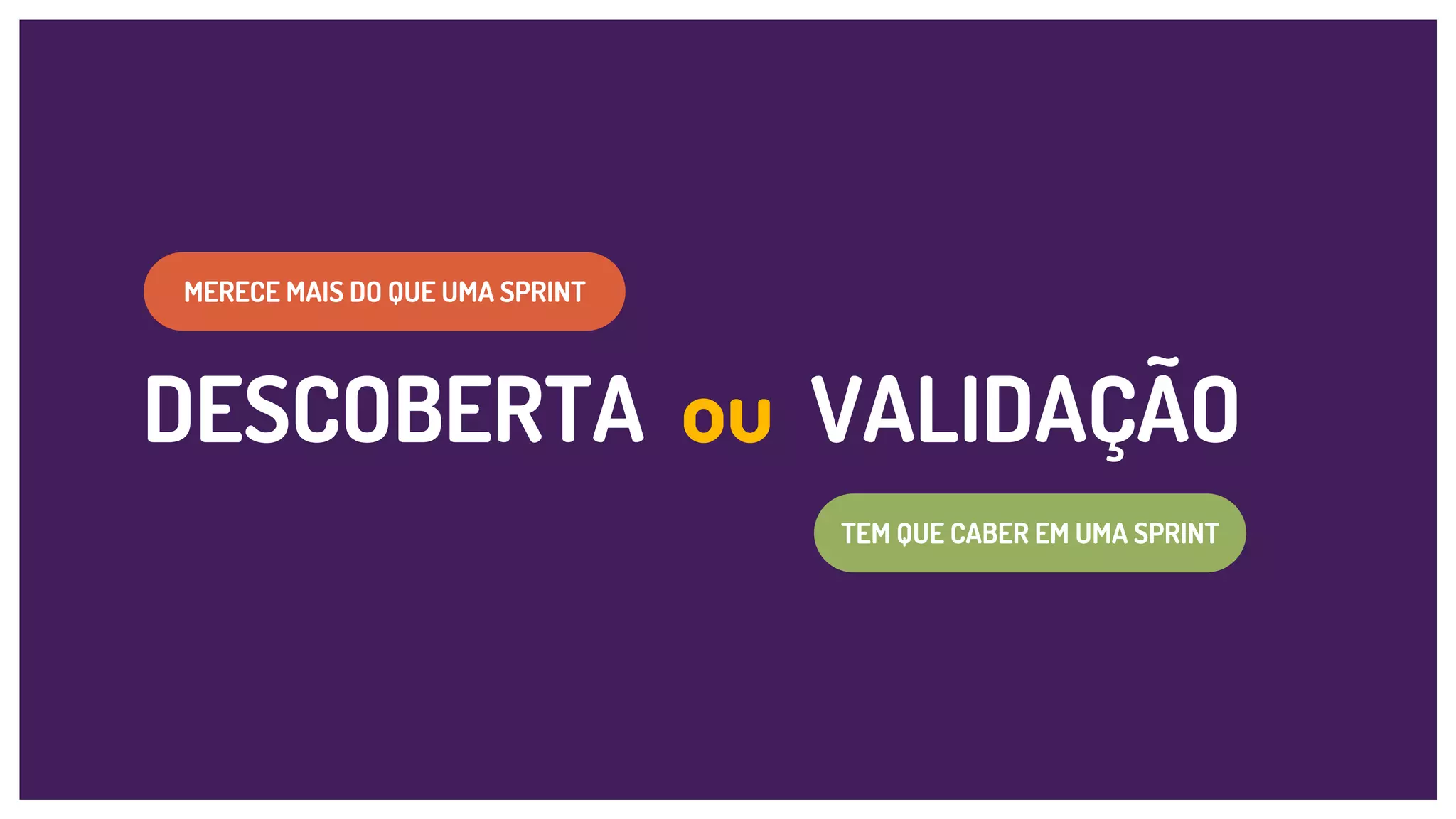 DESCOBERTA ou VALIDAÇÃO
TEM QUE CABER EM UMA SPRINT
MERECE MAIS DO QUE UMA SPRINT
 