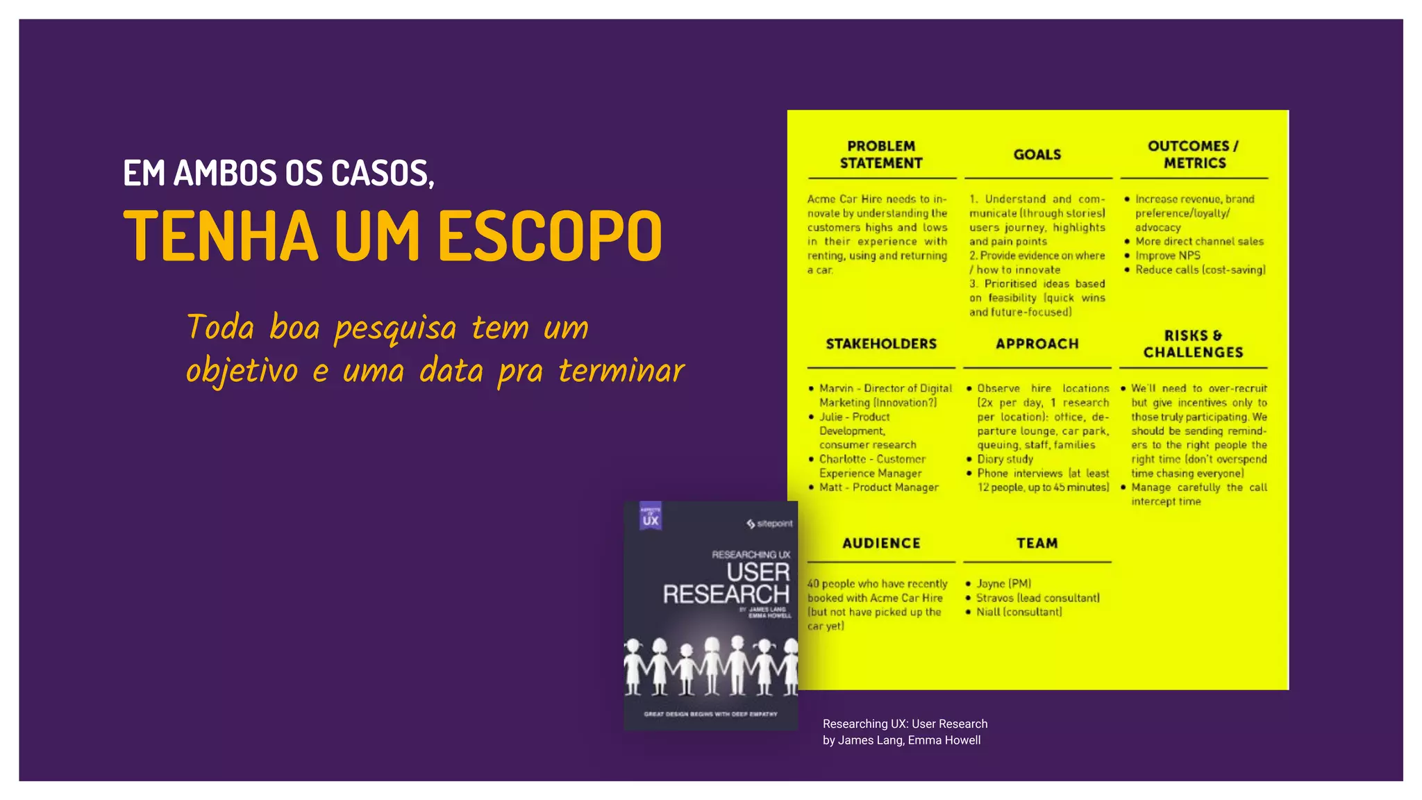 Researching UX: User Research
by James Lang, Emma Howell
EM AMBOS OS CASOS,
TENHA UM ESCOPO
Toda boa pesquisa tem um
objetivo e uma data pra terminar
 