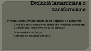 Primera teoria evolucionista: Jean Baptiste de Lamarck
     Creia que en els éssers vius existia una tendència natural cap
     a la perfecció: Transformació de les espècies:
    La necessitat crea l’òrgan
    Herència de caràcters adquirits.
 