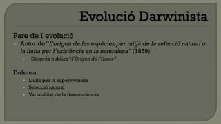 Pare de l’evolució
   Autor de “L’orígen de les espècies per mitjà de la selecció natural o
    la lluita per l’existència en la naturalesa” (1859)
     •   Després publica “l’Origen de l’Home”

Defensa:
     • Lluita per la supervivència
     • Selecció natural
     • Variabilitat de la descendència
 