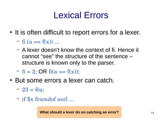 14
Lexical Errors
●
It is often difficult to report errors for a lexer.
– fi (a == f(x)) ...
– A lexer doesn't know the context of fi. Hence it
cannot “see” the structure of the sentence –
structure is known only to the parser.
– fi = 2; OR fi(a == f(x));
●
But some errors a lexer can catch.
– 23 = @a;
– if $x friendof anil ...
What should a lexer do on catching an error?
 