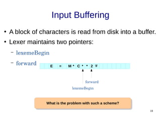 18
Input Buffering
●
A block of characters is read from disk into a buffer.
●
Lexer maintains two pointers:
– lexemeBegin
– forward E = M * C * * 2 f
lexemeBegin
forward
What is the problem with such a scheme?
What is the problem with such a scheme?
 