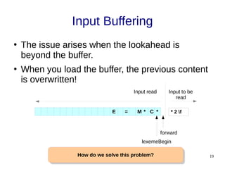 19
Input Buffering
●
The issue arises when the lookahead is
beyond the buffer.
●
When you load the buffer, the previous content
is overwritten!
E = M * C *
lexemeBegin
forward
How do we solve this problem?
How do we solve this problem?
* 2 f
Input read Input to be
read
 