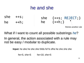 24
he and she
she ++s;
he ++h;
What if I want to count all possible substrings he?
In general, the action associated with a rule may
not be easy / modular to duplicate.
Retries another rule
she {++s; REJECT;}
he {++h;}
Input: he ahe he she she fsfds fsf fs sfhe he she she she
he=5, she=5 he=10, she=5
 