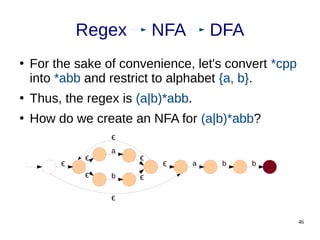 46
Regex NFA DFA
●
For the sake of convenience, let's convert *cpp
into *abb and restrict to alphabet {a, b}.
●
Thus, the regex is (a|b)*abb.
●
How do we create an NFA for (a|b)*abb?
a
b
ϵ
ϵ b
a b
ϵ
ϵ ϵ
ϵ
ϵ
ϵ
 