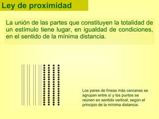 Ley de proximidad La unión de las partes que constituyen la totalidad de un estímulo tiene lugar, en igualdad de condiciones, en el sentido de la mínima distancia. Los pares de líneas más cercanas se agrupan entre sí y los puntos se reúnen en sentido vertical, según el principio de la mínima distancia. 