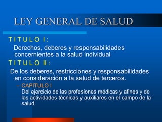 LEY GENERAL DE SALUD
T I T U L O I :
Derechos, deberes y responsabilidades
concernientes a la salud individual
T I T U L O II :
De los deberes, restricciones y responsabilidades
en consideración a la salud de terceros.
– CAPITULO I
Del ejercicio de las profesiones médicas y afines y de
las actividades técnicas y auxiliares en el campo de la
salud
 