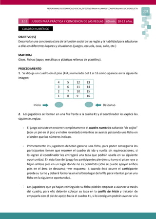 PROGRAMAS DE DESARROLLO SOCIAL/AFECTIVO PARA ALUMNOS CON PROBLEMAS DE CONDUCTA
                                                                                                        207


  3.16    JUEGOS PARA PRÁCTICA Y CONCIENCIA DE LAS REGLAS 60 min. 10-12 años.

   CUADRO NUMÉRICO

OBJETIVO (S)
Desarrollar una conciencia clara de la función social de las reglas y la habilidad para adaptarse
a ellas en diferentes lugares y situaciones (juegos, escuela, casa, calle, etc.)

MATERIAL
Gises. Fichas (tapas metálicas o plás�cas rellenas de plas�lina).

PROCEDIMIENTO
1. Se dibuja un cuadro en el piso (4x4) numerado del 1 al 16 como aparece en la siguiente
imagen:
                              4      5     12     13
                              3      6     11     14
                              2      7     10     15
                              1      8     9      16

            Inicio                                                     Descanso

2. Los jugadores se forman en una ﬁla frente a la casilla #1 y el coordinador les explica las
siguientes reglas:

   - El juego consiste en recorrer completamente el cuadro numérico saltando “de cojito”
     (con un pié en el piso y el otro levantado) mientras se avanza pateando una ﬁcha en
     el orden que los números indican.

   - Primeramente los jugadores deberán ganarse una ﬁcha, para poder conseguirla los
     par�cipantes �enen que recorrer el cuadro de ida y vuelta sin equivocaciones, si
     lo logran el coordinador les entregará una tapa que podrán usarla en su siguiente
     oportunidad. En ésta fase del juego los par�cipantes pierden su turno si pisan raya o
     bajan ambos pies en un lugar donde no es permi�do (sólo se puede apoyar ambos
     pies en el área de descanso –ver esquema- ), cuando ésto ocurre el par�cipante
     pierde su turno y deberá formarse en el úl�mo lugar de la ﬁla para intentar ganar una
     ﬁcha en la siguiente oportunidad.

   - Los jugadores que ya hayan conseguido su ﬁcha podrán empezar a avanzar a través
     del cuadro, para ello deberán colocar su tapa en la casilla de inicio y tratarán de
     empujarla con el pié de apoyo hacia el cuadro #1, si lo consiguen podrán avanzar a la
 