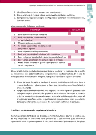 PROGRAMAS DE DESARROLLO SOCIAL/AFECTIVO PARA ALUMNOS CON PROBLEMAS DE CONDUCTA
                                                                                                        239

   B. Iden�ﬁquen las conductas que van a ser monitoreadas.
   C. Diseñe una hoja de registro o tabla que incluya las conductas problema.
   D. Es importante proporcionar copias al niño para que las llene en situaciones acordadas,
      como en la clase.

Algunos apartados de la tabla pueden ser:
                        AFIRMACIÓN                                            SI   REGULAR NO

   1     Estoy poniendo atención al maestro
   2     Estoy pensando en otras cosas que
         no son de la clase.
   3     Me estoy sin�endo inquieto.
   4     He estado agrediendo a mis compañeros
         con palabras o golpes.
   5     Estoy respetando las reglas del salón.
   6     Estoy interrumpiendo el trabajo de mis compañeros.
   7     Estoy realizando las ac�vidades que me encargó el profesor.
   8     Estoy siendo grosero con mis compañeros o el profesor.
   9     Me he estado haciendo el gracioso para provocar las risas
         de mis compañeros

Llenar la tabla facilita al estudiante darse cuenta de su conducta y el efecto de ésta, lo cual le
da lineamientos para poder modiﬁcar su comportamiento y autocontrolarse. En el caso de
niños pequeños deben u�lizarse imágenes, fotogra�as o dibujos en lugar de oraciones.

   E. Al dar las hojas de registro, explique al alumno, poniéndose usted en su lugar y
      representando roles y situaciones de la clase, para ejempliﬁcar cómo llenar la tabla y
      en qué momento.
   F. Póngase de acuerdo con el alumno para elegir una señal que signiﬁque que debe sacar
      su hoja de registro y llenarla, dos golpecitos en el escritorio dados por el profesor
      o decirle su nombre mientras el maestro se toca la barbilla pueden funcionar; el
      propósito de las señales ocultas es que los demás compañeros no estén al pendiente
      de los comportamientos inadecuados del alumno con problemas de conducta.



9. Advierta las consecuencias nega�vas de la conducta

Comunique al estudiante (solo 1 o 2 veces), en forma clara, lo que ocurrirá si no obedece.
Es muy importante ser consistente en la aplicación de la consecuencia, pues así el chico
aprenderá a hacer lo que se espera de él sólo con la advertencia y sin necesidad de aplicar
 