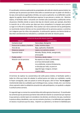PROGRAMAS DE DESARROLLO SOCIAL/AFECTIVO PARA ALUMNOS CON PROBLEMAS DE CONDUCTA
                                                                                                      71

El coordinador comienza explicando las propiedades del es�lo de relación pasiva (ratón), les
comenta que las personas que �enen éste es�lo se caracterizan por no poder ver directo a
los ojos, tener posturas agachadas o �midas, voz suave y suplicante, no se deﬁenden cuando
alguien los agrede, �enen diﬁcultad para expresar lo que piensan y sienten, etc. Mientras
explica, el facilitador debe ir actuando con claridad cada caracterís�ca y pla�cando ciertas
situaciones infan�les donde se ejerce éste �po de relación social; por ejemplo, describirá
la reacción de un niño sumiso que deja que otros compañeros lo empujen para quitarle
su lugar en la ﬁla de la coopera�va. Para cau�var aún más la atención de los par�cipantes
se recomienda mostrar láminas con las caracterís�cas de las personas pasivas o cartulinas
con imágenes para los niños más pequeños. A con�nuación aparece una lámina donde se
describen sencillamente los indicadores y cualidades del es�lo de relación pasiva.

                          ESTILO DE RELACIÓN PASIVO (RATÓN)
            Indicador                                   Caracterís�ca
   Contacto visual                   Hacia abajo, divergente
   Postura de la cabeza y hombros Caída, hombros bajos
   Tono de voz                       Bajo, suplicante, �tubeante
   Distancia corporal                Lejana o en extremo cercana
   Expresión facial                  Retraída, ﬂácida, �mida, avergonzada,
                                     preocupada
   Fluidez verbal                    Permisiva, dando rodeos
   Relación con las personas         No expresa sus ideas y sen�mientos
                                     (o lo hace demasiado tarde),
                                     no se deﬁende, reclama �midamente,
                                     se disculpa por todo, se pone en
                                     segundo lugar, insegura, siempre
                                     respeta reglas.

Al terminar de explicar las caracterís�cas del es�lo pasivo (ratón), el facilitador pedirá a
todos los niños que traten de adoptar la ac�tud pasiva con todas sus cualidades; cuando
lo hayan conseguido, cada uno pasará al centro del grupo y dirá la frase “no me pegues”
manteniendo todas las cualidades que lo dis�nguen (voz, cuerpo, mirada, etc.). Los mismos
chicos opinarán sobre la calidad de actuación de cada par�cipante y se ayudarán a adoptar
la ac�tud sumisa correcta.

En segundo lugar se revisan las caracterís�cas del es�lo agresivo (monstruo). El coordinador
les comenta que las personas que �enen éste es�lo de relación se caracterizan por expresar
lo que piensan y sienten (pero sin considerar a los demás), ven directo a los ojos, man�enen
la postura al�va y desaﬁante, usan una voz cortante y burlona, sí se deﬁenden pero agreden
en exceso a la persona que los ataca, imponen sus opiniones y no �enen la habilidad para
 