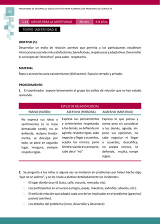 PROGRAMAS DE DESARROLLO SOCIAL/AFECTIVO PARA ALUMNOS CON PROBLEMAS DE CONDUCTA
80


       1.14 JUEGOS PARA LA ASERTIVIDAD                 60 min.       6-8 años.

        TEATRO (ASERTIVIDAD 3)


     OBJETIVO (S)
     Desarrollar un es�lo de relación aser�vo que permita a los par�cipantes establecer
     interacciones sociales más sa�sfactorias, beneﬁciosas, respetuosas y adapta�vas. Desarrollar
     el concepto de “derechos” para saber respetarlos.


     MATERIAL
     Ropa y accesorios para caracterizarse (disfrazarse). Espacio cerrado y privado.


     PROCEDIMIENTO
     1. El coordinador expone brevemente al grupo los es�los de relación que se han estado
     revisando.


                                        ESTILO DE RELACIÓN SOCIAL
             PASIVO (RATÓN)                  ASERTIVO (PERSONA)            AGRESIVO (MOSTRUO)

       No expresa sus ideas y            Expresa sus pensamientos         Expresa lo que piensa y
       sen�mientos (o lo hace            y sen�mientos respetando         siente pero sin considerar
       demasiado tarde), no se           a los demás, se deﬁende sin      a los demás, agrede, im-
       deﬁende, reclama �mida-           agredir, respeta reglas, sabe    pone sus opiniones, no
       mente, se disculpa por            negociar y llegar a acuerdos,    sabe negociar ni llegar
       todo, se pone en segundo          acepta los errores, pone         a acuerdos, descaliﬁca,
       lugar, insegura, siempre          límites cuando es necesario,     no acepta errores, se
       respeta reglas.                   sabe decir “no”.                 deﬁende, insulta, rompe
                                                                          reglas.



     2. Se pregunta a los niños si alguna vez se me�eron en problemas por haber hecho algo
     “que no se valiera”, y se les invita a pla�car detalladamente los incidentes:
        -    El lugar donde ocurrió (casa, calle, escuela, mercado, etc).
        -    Los par�cipantes en el suceso (amigos, papás, maestros, extraños, abuelos, etc.).
        -    El es�lo de relación que adoptó cada uno de los implicados en el problema (agresivo/
             pasivo/ aser�vo).
        -    Los detalles del problema (inicio, desarrollo y desenlace).
 