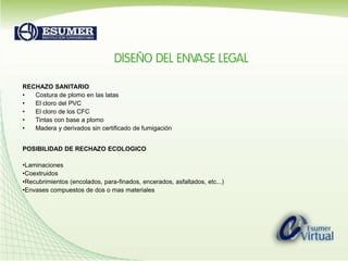 RECHAZO SANITARIOCostura de plomo en las latasEl cloro del PVCEl cloro de los CFCTintas con base a plomoMadera y derivados sin certificado de fumigaciónPOSIBILIDAD DE RECHAZO ECOLOGICOLaminacionesCoextruidosRecubrimientos (encolados, para-finados, encerados, asfaltados, etc...)Envases compuestos de dos o mas materiales