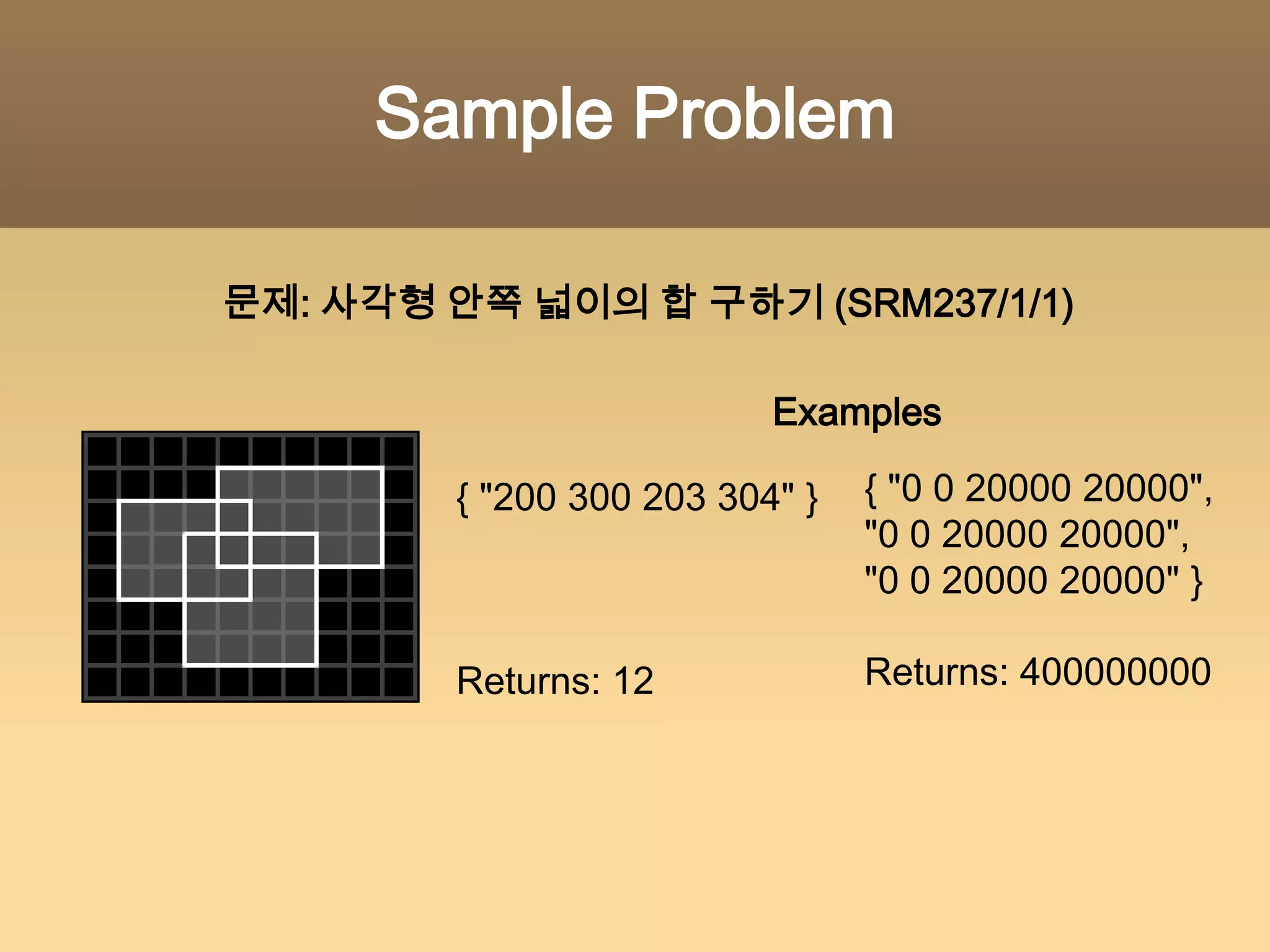 Union of Rectangles사각형 안쪽의 넓이의 합 구하기X좌표를 기준으로 이벤트 구분   : 각사각형의 왼쪽, 오른쪽 모서리처음 왼쪽 모서리를 만났을 때 Set에 사각형 추가, 빠져나올 때 Set에서 제거넓이 = Σ(어떤 이벤트의 X좌표-이전 이벤트의 X좌표)*(cut length)