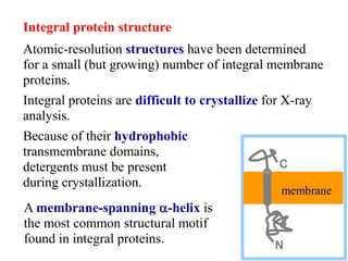 A membrane-spanning a-helix is
the most common structural motif
found in integral proteins.
membrane
N
C
Integral protein structure
Atomic-resolution structures have been determined
for a small (but growing) number of integral membrane
proteins.
Integral proteins are difficult to crystallize for X-ray
analysis.
Because of their hydrophobic
transmembrane domains,
detergents must be present
during crystallization.
 