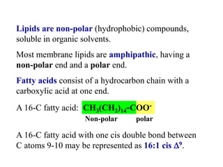 Lipids are non-polar (hydrophobic) compounds,
soluble in organic solvents.
Most membrane lipids are amphipathic, having a
...