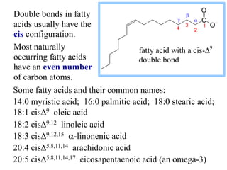 Some fatty acids and their common names:
14:0 myristic acid; 16:0 palmitic acid; 18:0 stearic acid;
18:1 cisD9 oleic acid
...