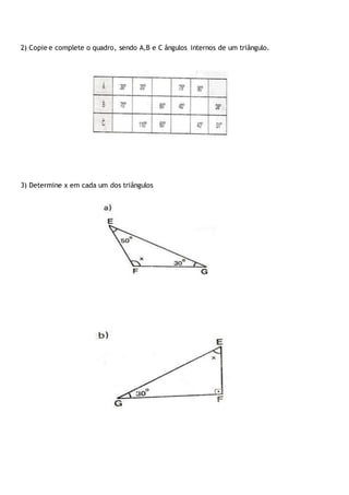 2) Copie e complete o quadro, sendo A,B e C ângulos internos de um triângulo.
3) Determine x em cada um dos triângulos
 