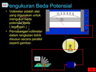 Pengukuran Beda Potensial
• Voltmeter adalah alat
yang digunakan untuk
mengukur beda
potensial listrik
( tegangan )
• Pemasangan voltmeter
dalam rangkaian listrik
disusun secara parallel
seperti gambar.
Klik
Klik
 