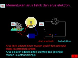 Menentukan arus listrik dan arus elektron.
Arah elektronArah arus listrik
Arus elektron adalah aliran elektron dari potensial
rendah ke potensial tinggi
Arus lisrik adalah aliran muatan positif dari potensial
tinggi ke potensial rendah
Klik
Klik Klik
 
