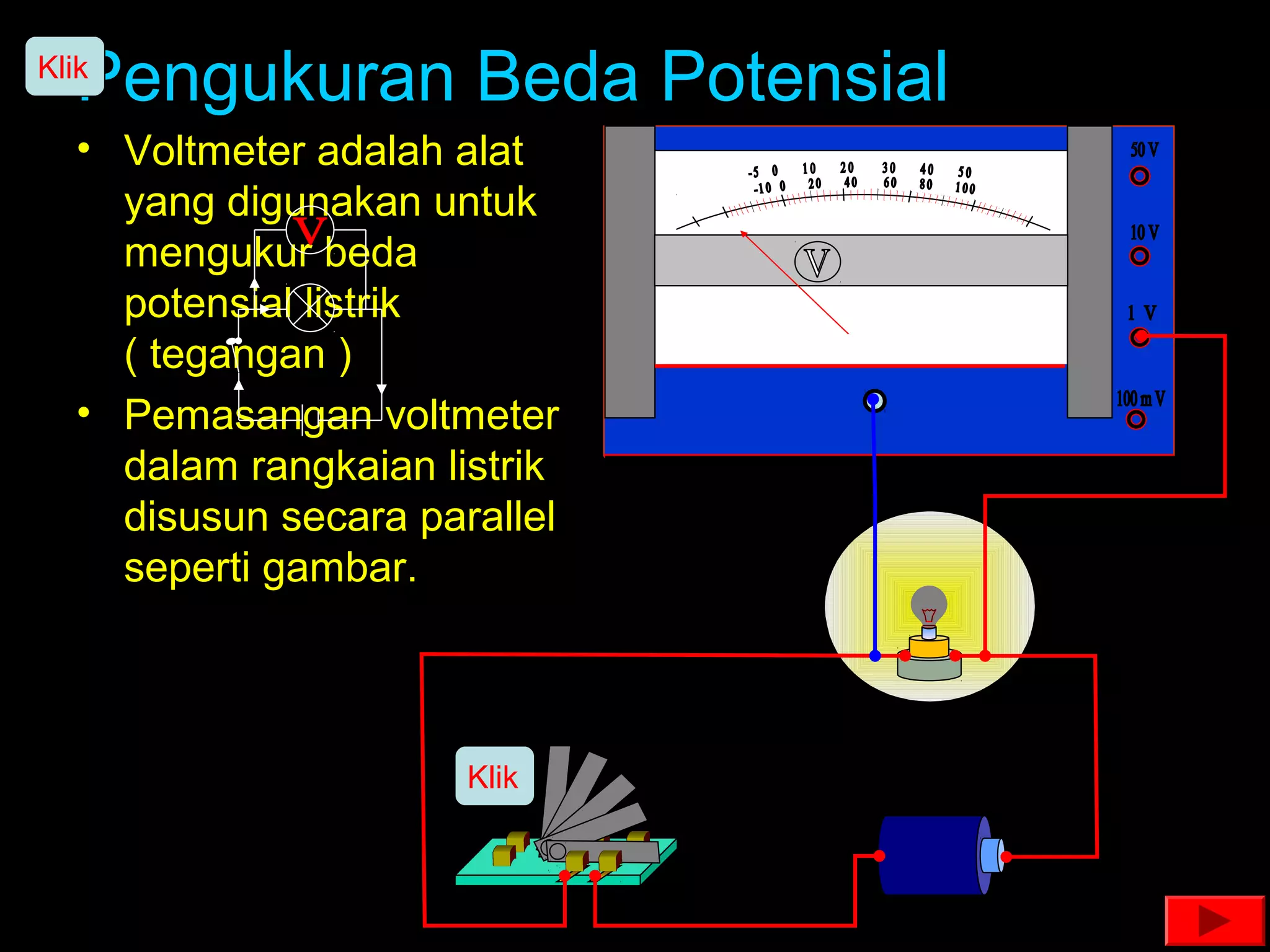 Pengukuran Beda Potensial
Klik

   • Voltmeter adalah alat
     yang digunakan untuk
     mengukur beda
     potensial listrik
     ( tegangan )
   • Pemasangan voltmeter
     dalam rangkaian listrik
     disusun secara parallel
     seperti gambar.



                       Klik
 