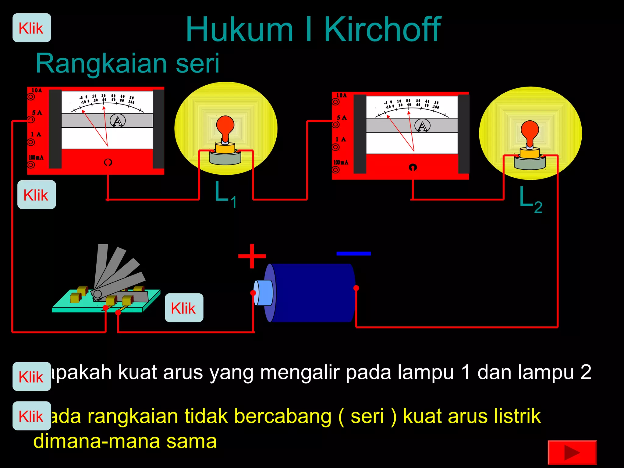 Klik               Hukum I Kirchoff
  Rangkaian seri



 Klik                   L1                              L2


                 Klik



Berapakah kuat arus yang mengalir pada lampu 1 dan lampu 2
Klik

  Pada
Klik   rangkaian tidak bercabang ( seri ) kuat arus listrik
  dimana-mana sama
 