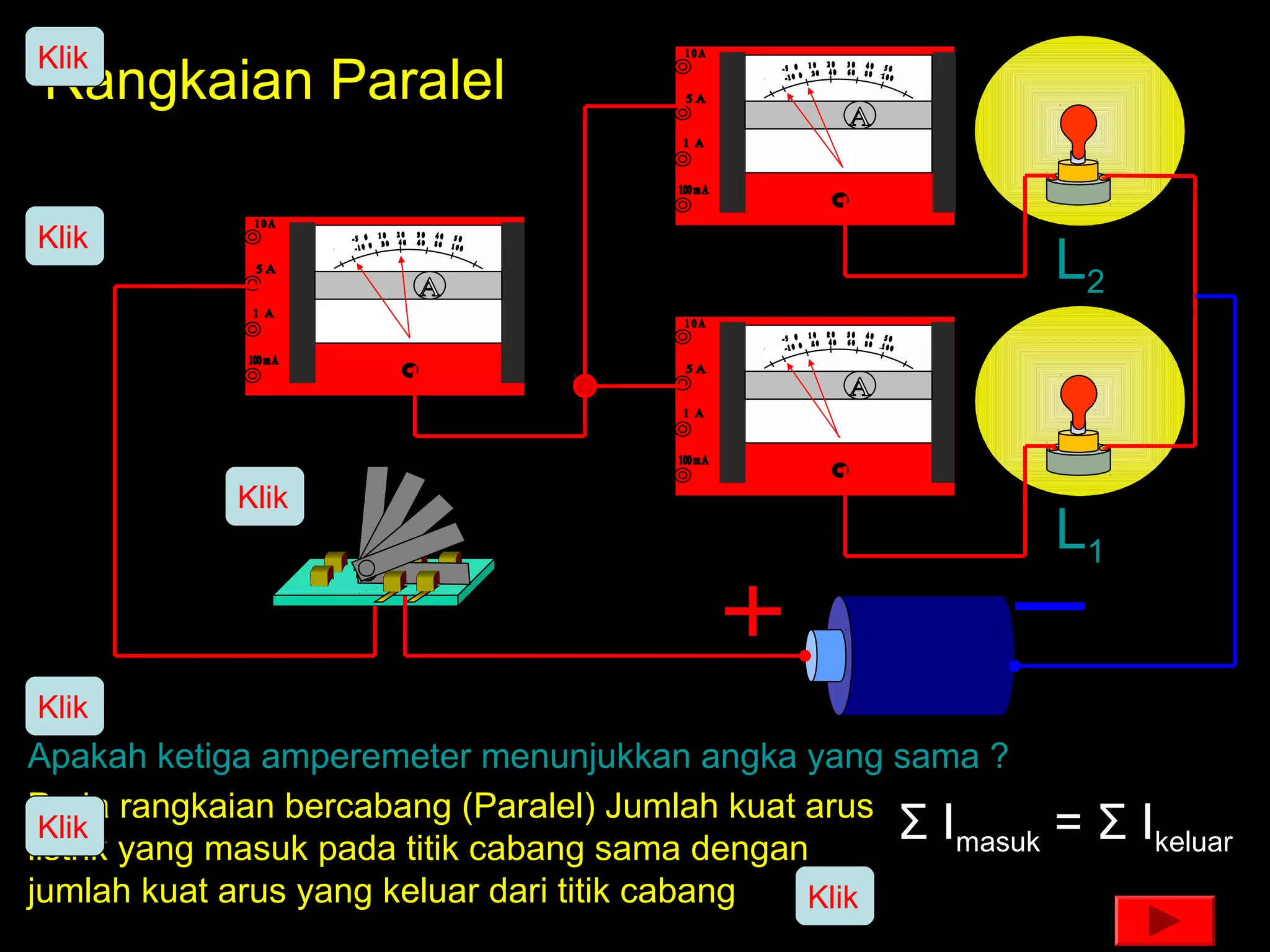 Klik
Rangkaian Paralel

Klik
                                                                L2



            Klik
                                                                L1


Klik
Apakah ketiga amperemeter menunjukkan angka yang sama ?
Pada rangkaian bercabang (Paralel) Jumlah kuat arus
 Klik
listrik yang masuk pada titik cabang sama dengan
                                                     Σ Imasuk   = Σ Ikeluar
jumlah kuat arus yang keluar dari titik cabang  Klik
 
