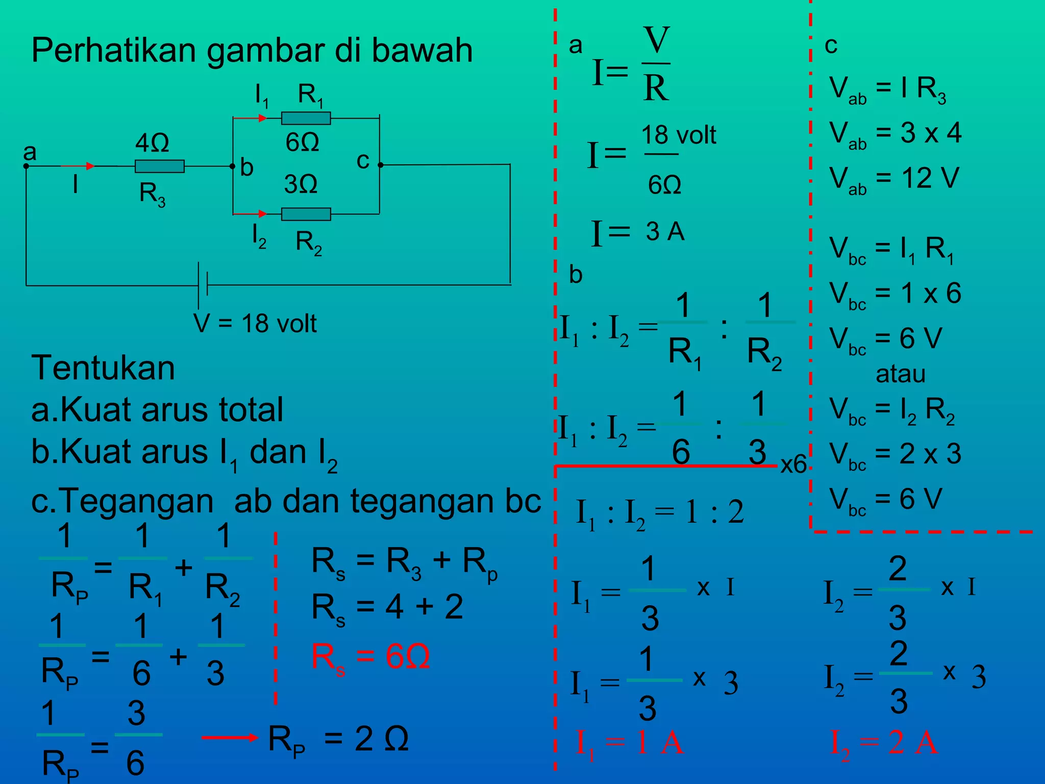 Perhatikan gambar di bawah         a      V               c
                     I1   R1
                                       I= R               Vab = I R3
                                            18 volt       Vab = 3 x 4
a       4Ω
                 b
                          6Ω
                               c       I=
    I   R3                3Ω                6Ω            Vab = 12 V
                  I2      R2           I=   3A
                                                          Vbc = I1 R1
                                   b
                                              1   1       Vbc = 1 x 6
             V = 18 volt           I 1 : I2 =   :         Vbc = 6 V
Tentukan                                      R1 R2
                                                              atau
a.Kuat arus total                             1   1       Vbc = I2 R2
                                   I 1 : I2 =   :
b.Kuat arus I1 dan I2                         6   3    x6 Vbc = 2 x 3
c.Tegangan ab dan tegangan bc       I1 : I 2 = 1 : 2      Vbc = 6 V
  1   1     1
    =    +        Rs = R3 + Rp          1 x I                   2 xI
 RP R1 R2                          I1 =                   I2 =
                  Rs = 4 + 2            3                       3
 1    1    1
 RP = 6 + 3       Rs = 6Ω               1 x                     2 x
                                   I1 =     3             I2 =      3
1     3                                 3                       3
    = 6         RP = 2 Ω           I1 = 1 A                I2 = 2 A
 RP
 