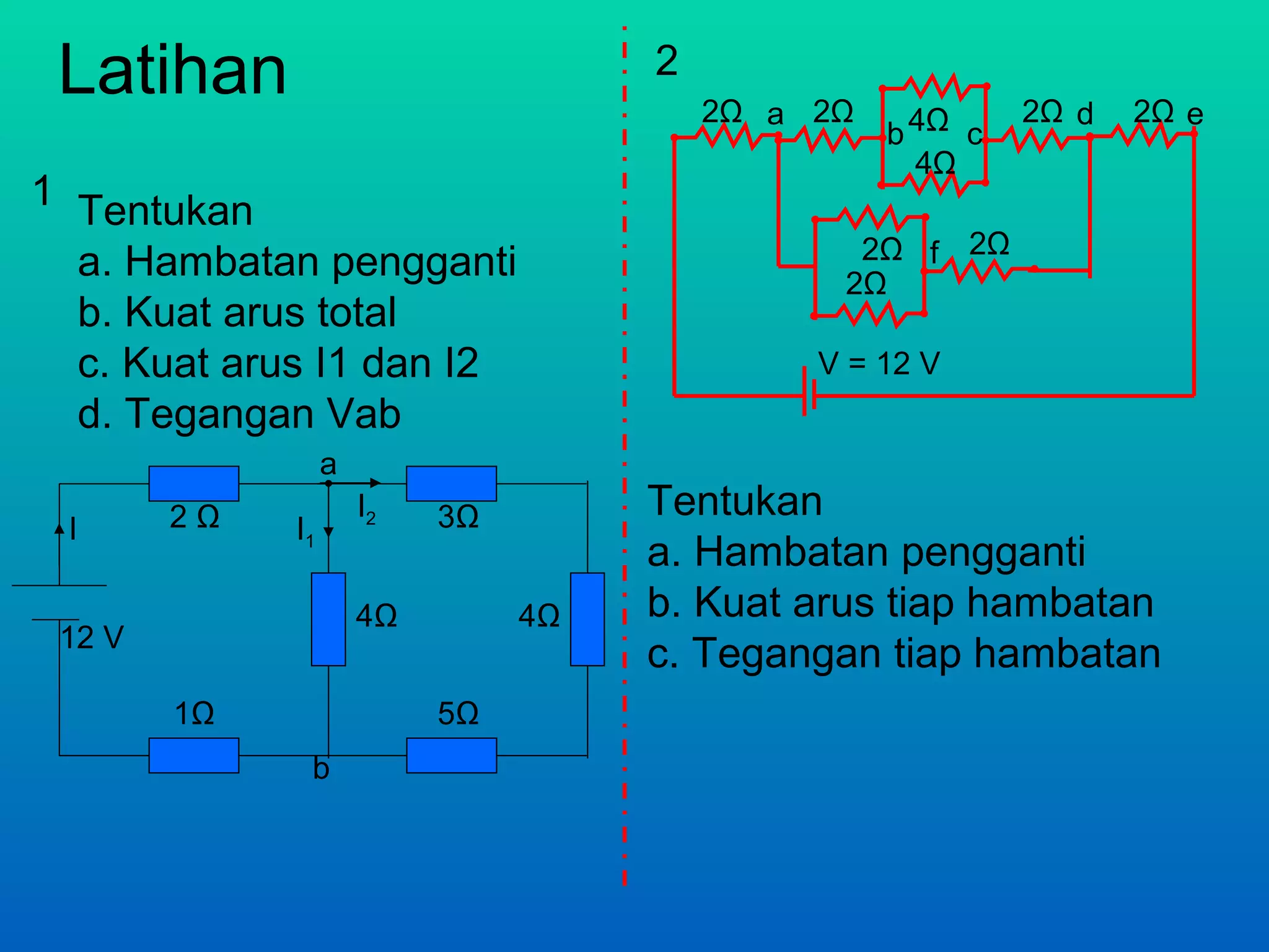 Latihan                             2
                                         2Ω a 2Ω            2Ω d   2Ω e
                                                   b 4Ω c
                                                     4Ω
1 Tentukan
  a. Hambatan pengganti                         2Ω f 2Ω
                                               2Ω
  b. Kuat arus total
  c. Kuat arus I1 dan I2                      V = 12 V
  d. Tegangan Vab
                  a
        2Ω            I2   3Ω        Tentukan
 I           I1
                                     a. Hambatan pengganti
                      4Ω        4Ω   b. Kuat arus tiap hambatan
 12 V
                                     c. Tegangan tiap hambatan
        1Ω                 5Ω
              b
 