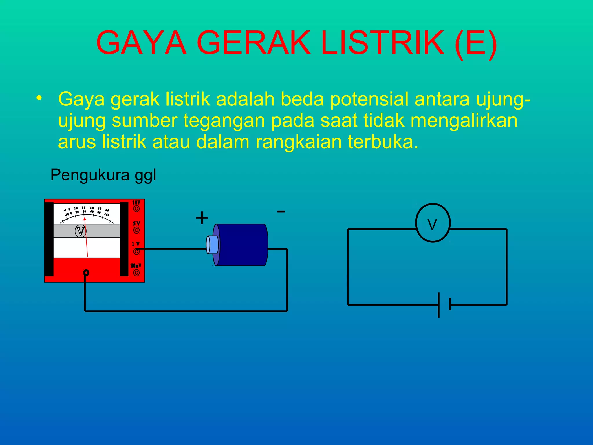GAYA GERAK LISTRIK (E)
• Gaya gerak listrik adalah beda potensial antara ujung-
  ujung sumber tegangan pada saat tidak mengalirkan
  arus listrik atau dalam rangkaian terbuka.
 Pengukura ggl


                                            V
 