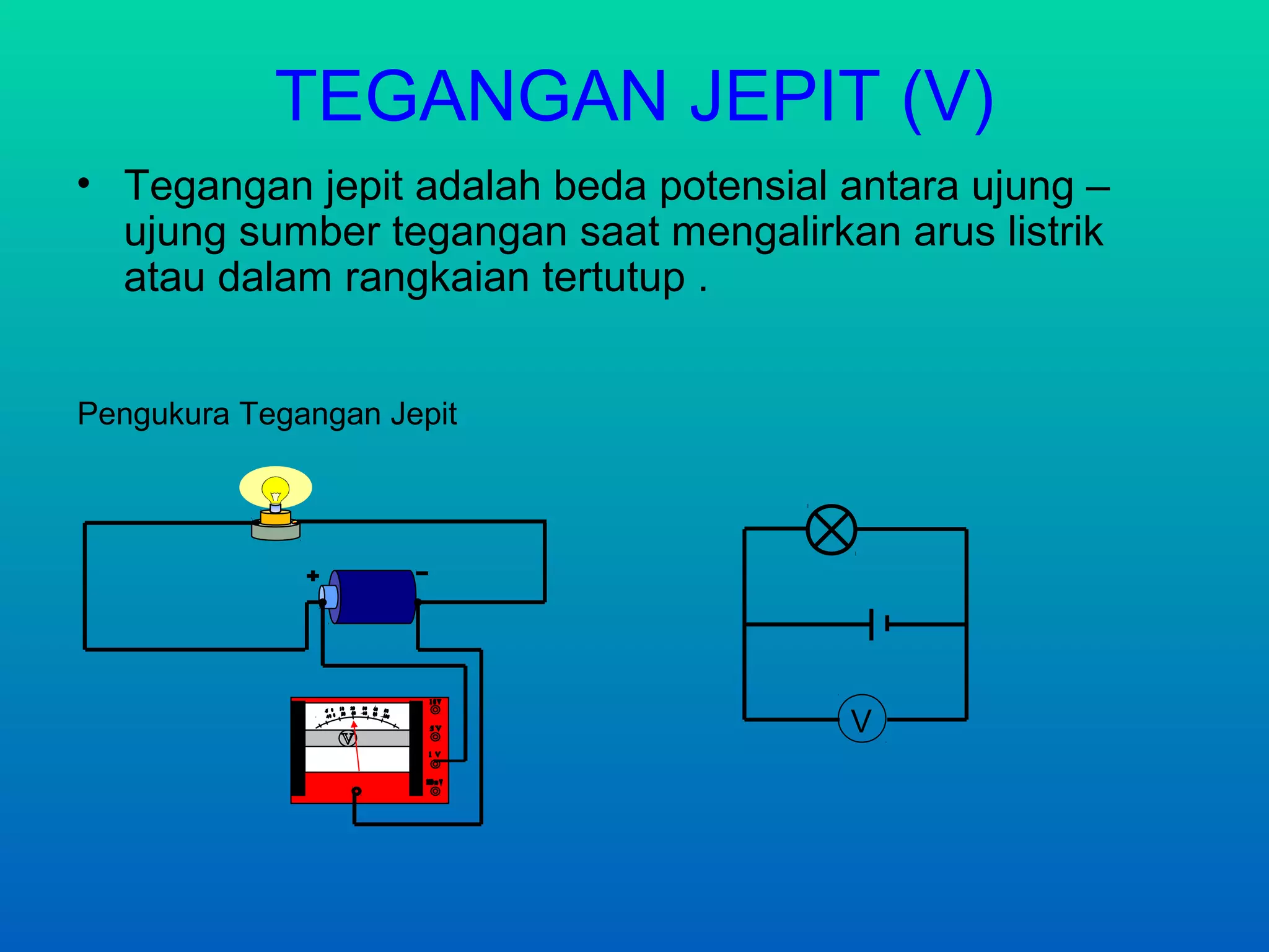 TEGANGAN JEPIT (V)
• Tegangan jepit adalah beda potensial antara ujung –
  ujung sumber tegangan saat mengalirkan arus listrik
  atau dalam rangkaian tertutup .


Pengukura Tegangan Jepit




                                       V
 