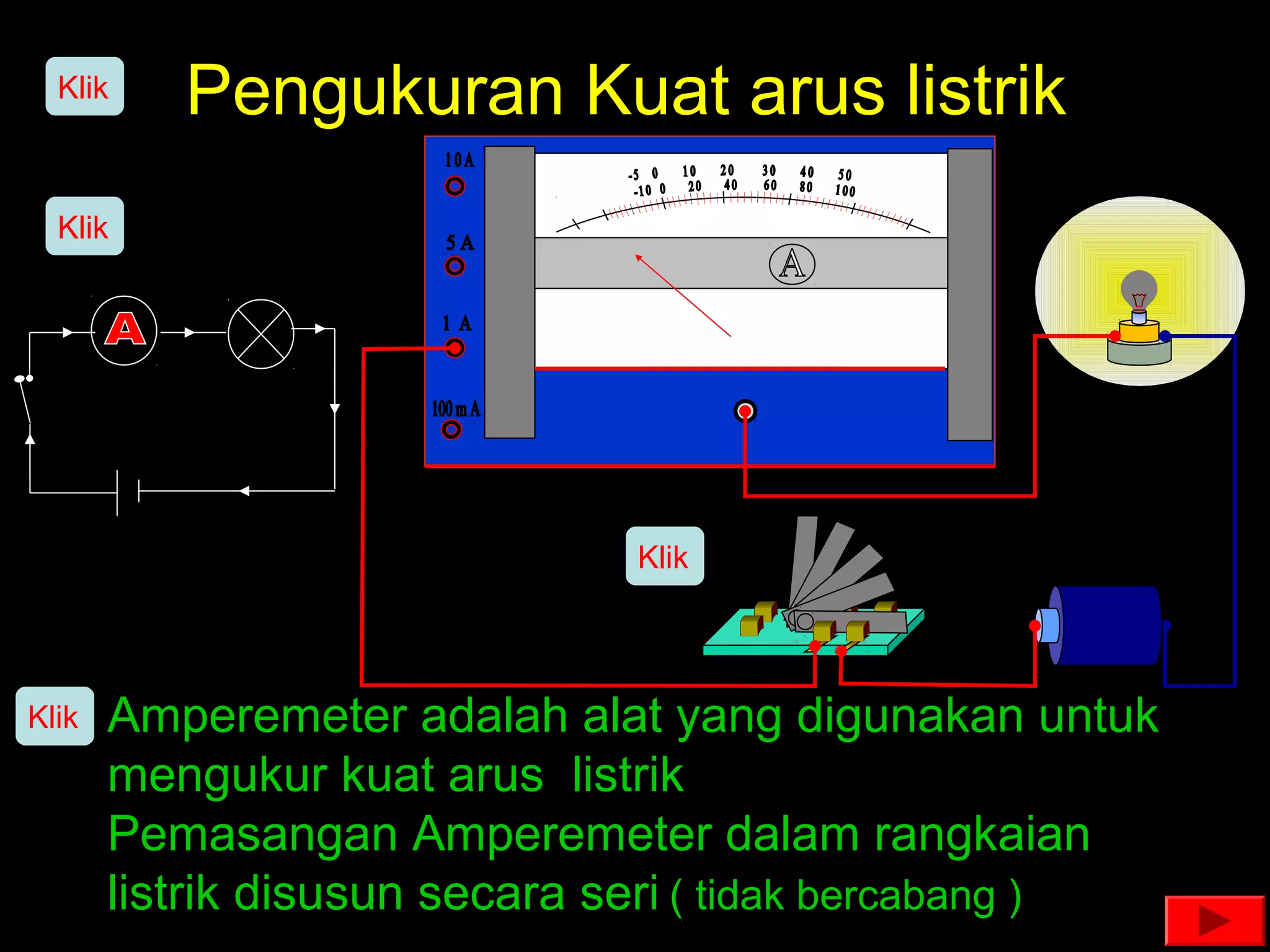 Klik    Pengukuran Kuat arus listrik
  Klik




                              Klik




Klik   Amperemeter adalah alat yang digunakan untuk
       mengukur kuat arus listrik
       Pemasangan Amperemeter dalam rangkaian
       listrik disusun secara seri ( tidak bercabang )
 