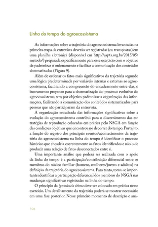 106
Linha do tempo do agroecossistema
As informações sobre a trajetória do agroecossistema levantadas na
primeira etapa da entrevista deverão ser registradas (ou transpostas) em
uma planilha eletrônica (disponível em http://aspta.org.br/2015/05/
metodo/) preparada especificamente para esse exercício com o objetivo
de padronizar o ordenamento e facilitar a comunicação dos conteúdos
sistematizados (Figura 9).
Além de ordenar os fatos mais significativos da trajetória segundo
uma lógica predeterminada por variáveis internas e externas ao agroe-
cossistema, facilitando a compreensão do encadeamento entre elas, o
instrumento proposto para a sistematização do processo evolutivo do
agroecossistema tem por objetivo padronizar a organização das infor-
mações, facilitando a comunicação dos conteúdos sistematizados para
pessoas que não participaram da entrevista.
A organização encadeada das informações significativas sobre a
evolução do agroecossistema contribui para o discernimento das es-
tratégias de reprodução colocadas em prática pelo NSGA em função
das condições objetivas que encontrou no decorrer do tempo.Portanto,
a função do registro dos principais eventos/acontecimentos da traje-
tória do agroecossistema na linha do tempo é identificar o processo
histórico que encadeia coerentemente os fatos identificados e não o de
produzir uma relação de fatos desconectados entre si.
Uma importante análise que poderá ser realizada com o apoio
da linha do tempo é a participação/contribuição diferencial entre os
membros do núcleo familiar (homens, mulheres/jovens e adultos) na
definição da trajetória do agroecossistema.Para tanto,torna-se impor-
tante identificar a participação diferencial dos membros do NSGA nas
mudanças significativas registradas na linha do tempo.
O princípio da ignorância ótima deve ser colocado em prática nesse
exercício.Um detalhamento da trajetória poderá se mostrar necessário
em uma fase posterior. Nesse primeiro momento de descrição e aná-
 