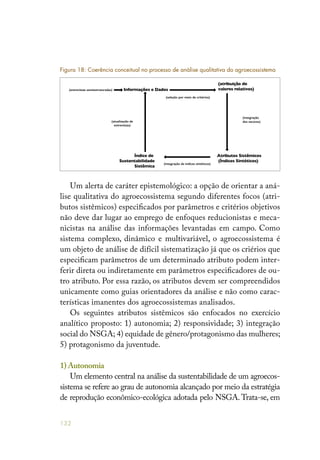 132
Um alerta de caráter epistemológico: a opção de orientar a aná-
lise qualitativa do agroecossistema segundo diferentes focos (atri-
butos sistêmicos) especificados por parâmetros e critérios objetivos
não deve dar lugar ao emprego de enfoques reducionistas e meca-
nicistas na análise das informações levantadas em campo. Como
sistema complexo, dinâmico e multivariável, o agroecossistema é
um objeto de análise de difícil sistematização já que os criérios que
especificam parâmetros de um determinado atributo podem inter-
ferir direta ou indiretamente em parâmetros especificadores de ou-
tro atributo. Por essa razão, os atributos devem ser compreendidos
unicamente como guias orientadores da análise e não como carac-
terísticas imanentes dos agroecossistemas analisados.
Os seguintes atributos sistêmicos são enfocados no exercício
analítico proposto: 1) autonomia; 2) responsividade; 3) integração
social do NSGA; 4) equidade de gênero/protagonismo das mulheres;
5) protagonismo da juventude.
1) Autonomia
Um elemento central na análise da sustentabilidade de um agroecos-
sistema se refere ao grau de autonomia alcançado por meio da estratégia
de reprodução econômico-ecológica adotada pelo NSGA. Trata-se, em
Informações e Dados
(atribuição de
valores relativos)
Atributos Sistêmicos
(Índices Sintéticos)
Índice de
Sustentabilidade
Sistêmica
(atualização de
entrevistas)
(entrevistas semiestruturadas)
(seleção por meio de critérios)
(integração
dos escores)
(integração de índices sintéticos)
Figura 18: Coerência conceitual no processo de análise qualitativa do agroecossistema
 
