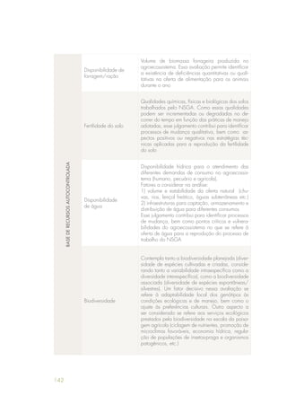 142
BASEDERECURSOSAUTOCONTROLADA Disponibilidade de
forragem/ração
Volume de biomassa forrageira produzida no
agroecossistema. Essa avaliação permite identificar
a existência de deficiências quantitativas ou quali-
tativas na oferta de alimentação para os animais
durante o ano
Fertilidade do solo
Qualidades químicas, físicas e biológicas dos solos
trabalhados pelo NSGA. Como essas qualidades
podem ser incrementadas ou degradadas no de-
correr do tempo em função das práticas de manejo
adotadas, esse julgamento contribui para identificar
processos de mudança qualitativa, bem como as-
pectos positivos ou negativos nas estratégias téc-
nicas aplicadas para a reprodução da fertilidade
do solo
Disponibilidade
de água
Disponibilidade hídrica para o atendimento das
diferentes demandas de consumo no agroecossis-
tema (humano, pecuário e agrícola).
Fatores a considerar na análise:
1) volume e estabilidade da oferta natural (chu-
vas, rios, lençol freático, águas subterrâneas etc.)
2) infraestruturas para captação, armazenamento e
distribuição de água para diferentes consumos
Esse julgamento contribui para identificar processos
de mudança, bem como pontos críticos e vulnera-
bilidades do agroecossistema no que se refere à
oferta de água para a reprodução do processo de
trabalho do NSGA
Biodiversidade
Contempla tanto a biodiversidade planejada (diver-
sidade de espécies cultivadas e criadas, conside-
rando tanto a variabilidade intraespecífica como a
diversidade interespecífica), como a biodiversidade
associada (diversidade de espécies espontâneas/
silvestres). Um fator decisivo nessa avaliação se
refere à adaptabilidade local dos genótipos às
condições ecológicas e de manejo, bem como o
ajuste às preferências culturais. Outro aspecto a
ser considerado se refere aos serviços ecológicos
prestados pela biodiversidade na escala da paisa-
gem agrícola (ciclagem de nutrientes, promoção de
microclimas favoráveis, economia hídrica, regula-
ção de populações de insetos-praga e organismos
patogênicos, etc.)
 