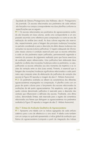 159
Equidade de Gênero/Protagonismo das Mulheres; aba 6 - Protagonismo
da Juventude. Os escores relacionados aos parâmetros de cada atributo
são lançados nos campos correspondentes nas duas planilhas conforme as
especificações que se seguem.
Pl 1: Os escores relacionados aos parâmetros do agroecossistema avalia-
do são lançados em duas colunas, sendo uma correspondente a um ano
passado assumido como referência para comparação e a outra ao ano de
realização da análise (ano atual). As duas colunas seguintes são reserva-
das, respectivamente, para a listagem das principais mudanças/inovações
no período considerado e para a descrição do efeito dessas mudanças nas
variações nos escores (coluna justificativa). O registro adequado de informa-
ções nessas colunas é condição essencial para que os escores atribuídos
a cada um dos parâmetros sejam justificados, permanecendo registrada a
memória do processo de julgamento realizado para que futuros exercícios
de avaliação sejam referenciados. Uma justificativa bem elaborada deve
explicitar os efeitos das inovações/mudanças sobre os parâmetros, ou seja,
justificando os escores atribuídos aos dois momentos da trajetória e as ra-
zões da variação entre os dois (caso exista). Portanto, é essencial que a
listagem das inovações/mudanças significativas relacionadas a cada parâ-
metro seja composta antes da elaboração da justificativa de variação dos
escores (a Figura 20 reproduz a imagem da aba 2 - Atributo Autonomia).
Pl 2: Os parâmetros avaliados se referem às características dos diferentes
agroecossistemas empregados na comparação. A planilha conta com um
grupo de quatro colunas para o lançamento dos escores relacionados às
avaliações de até quatro agroecossistemas. Na sequência, outro grupo de
quatro colunas denominado justificativa é reservado para a descrição das
variáveis que influenciaram a definição dos escores. Finalmente, uma última
coluna, denomidada Síntese, está reservada para o registro de comentários
relacionados aos fatores que distinguem os agroecossistemas nos parâmetros
avaliados (a Figura 23 reproduz a imagem da aba 2 - Atributo Autonomia).
Aba 7: Síntese da Avaliação Qualitativa do Agroecossistema
Pl 1: Apresenta uma tabela com os índices agregados de cada atributo
sistêmico para o ano de referência e o ano atual. A tabela conta também
com um campo no qual está apresentado o índice global da avaliação qua-
litativa do agroecossistema (composto a partir da integração dos índices
 