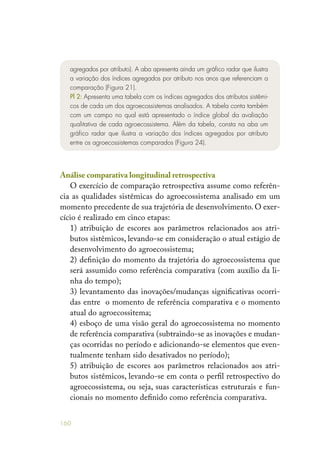 160
agregados por atributo). A aba apresenta ainda um gráfico radar que ilustra
a variação dos índices agregados por atributo nos anos que referenciam a
comparação (Figura 21).
Pl 2: Apresenta uma tabela com os índices agregados dos atributos sistêmi-
cos de cada um dos agroecossistemas analisados. A tabela conta também
com um campo no qual está apresentado o índice global da avaliação
qualitativa de cada agroecossistema. Além da tabela, consta na aba um
gráfico radar que ilustra a variação dos índices agregados por atributo
entre os agroecossistemas comparados (Figura 24).
Análise comparativa longitudinal retrospectiva
O exercício de comparação retrospectiva assume como referên-
cia as qualidades sistêmicas do agroecossistema analisado em um
momento precedente de sua trajetória de desenvolvimento. O exer-
cício é realizado em cinco etapas:
1) atribuição de escores aos parâmetros relacionados aos atri-
butos sistêmicos, levando-se em consideração o atual estágio de
desenvolvimento do agroecossistema;
2) definição do momento da trajetória do agroecossistema que
será assumido como referência comparativa (com auxílio da li-
nha do tempo);
3) levantamento das inovações/mudanças significativas ocorri-
das entre o momento de referência comparativa e o momento
atual do agroecossitema;
4) esboço de uma visão geral do agroecossistema no momento
de referência comparativa (subtraindo-se as inovações e mudan-
ças ocorridas no período e adicionando-se elementos que even-
tualmente tenham sido desativados no período);
5) atribuição de escores aos parâmetros relacionados aos atri-
butos sistêmicos, levando-se em conta o perfil retrospectivo do
agroecossistema, ou seja, suas características estruturais e fun-
cionais no momento definido como referência comparativa.
 