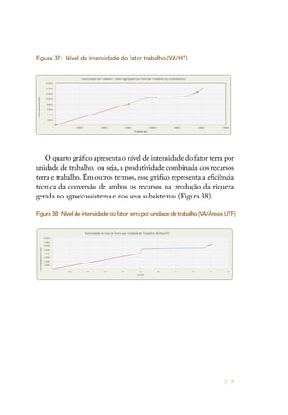 217
O quarto gráfico apresenta o nível de intensidade do fator terra por
unidade de trabalho, ou seja, a produtividade combinada dos recursos
terra e trabalho. Em outros termos, esse gráfico representa a eficiência
técnica da conversão de ambos os recursos na produção da riqueza
gerada no agroecossistema e nos seus subsistemas (Figura 38).
Figura 37: Nível de intensidade do fator trabalho (VA/HT)
Figura38: Níveldeintensidadedofatorterraporunidadedetrabalho(VA/ÁreaxUTF)
 