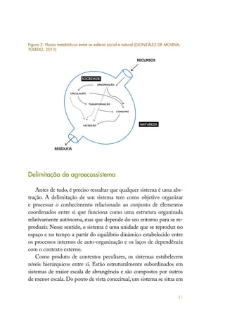 31
Delimitação do agroecossistema
Antes de tudo, é preciso ressaltar que qualquer sistema é uma abs-
tração. A delimitação de um sistema tem como objetivo organizar
e processar o conhecimento relacionado ao conjunto de elementos
coordenados entre si que funciona como uma estrutura organizada
relativamente autônoma, mas que depende do seu entorno para se re-
produzir. Nesse sentido, o sistema é uma unidade que se reproduz no
espaço e no tempo a partir do equilíbrio dinâmico estabelecido entre
os processos internos de auto-organização e os laços de dependência
com o contexto externo.
Como produto de contextos peculiares, os sistemas estabelecem
níveis hierárquicos entre si. Estão estruturalmente subordinados em
sistemas de maior escala de abrangência e são compostos por outros
de menor escala. Do ponto de vista conceitual, um sistema se situa em
Figura 2: Fluxos metabólicos entre as esferas social e natural (GONZÁLEZ DE MOLINA;
TOLEDO, 2011)
CIRCULAÇÃO
APROPRIAÇÃO
RECURSOS
RESÍDUOS
NATUREZA
SOCIEDADE
EXCREÇÃO
CONSUMO
TRANSFORMAÇÃO
 