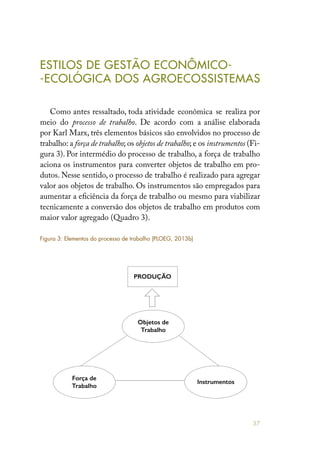 37
ESTILOS DE GESTÃO ECONÔMICO-
-ECOLÓGICA DOS AGROECOSSISTEMAS
Como antes ressaltado, toda atividade econômica se realiza por
meio do processo de trabalho. De acordo com a análise elaborada
por Karl Marx, três elementos básicos são envolvidos no processo de
trabalho: a força de trabalho; os objetos de trabalho; e os instrumentos (Fi-
gura 3). Por intermédio do processo de trabalho, a força de trabalho
aciona os instrumentos para converter objetos de trabalho em pro-
dutos. Nesse sentido, o processo de trabalho é realizado para agregar
valor aos objetos de trabalho. Os instrumentos são empregados para
aumentar a eficiência da força de trabalho ou mesmo para viabilizar
tecnicamente a conversão dos objetos de trabalho em produtos com
maior valor agregado (Quadro 3).
PRODUÇÃO
Objetos de
Trabalho
Força de
Trabalho
Instrumentos
Figura 3: Elementos do processo de trabalho (PLOEG, 2013b)
 