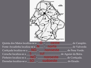 O       oeste
Quinta dos Matos localiza-se a _____ - _____________________ de Carapito.
                                N        norte
Fonte Arcadinha localiza-se a ______ - _____________________ de Valverde.
                          NO           noroeste
Cortiçada localiza-se a _______ - ______________________ de Pena Verde.
                         S         sul
Coruche localiza-se a ______ - ___________________ de Aguiar da Beira.
                        NO         noroeste
Pinheiro localiza-se a _______ - _______________________ de Cortiçada.
                         SO          sudoeste
Dornelas localiza-se a _______ - _______________________ do Eirado.
 