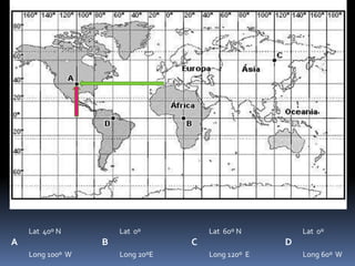 Lat 40º N         Lat 0º          Lat 60º N         Lat 0º
A                 B               C                 D
    Long 100º W       Long 20ºE       Long 120º E       Long 60º W
 