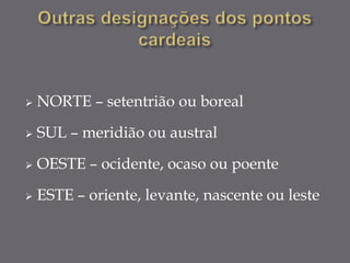    NORTE – setentrião ou boreal

   SUL – meridião ou austral
   OESTE – ocidente, ocaso ou poente

   ESTE – oriente, levante, nascente ou leste
 