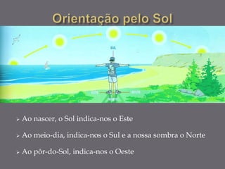    Ao nascer, o Sol indica-nos o Este

   Ao meio-dia, indica-nos o Sul e a nossa sombra o Norte

   Ao pôr-do-Sol, indica-nos o Oeste
 